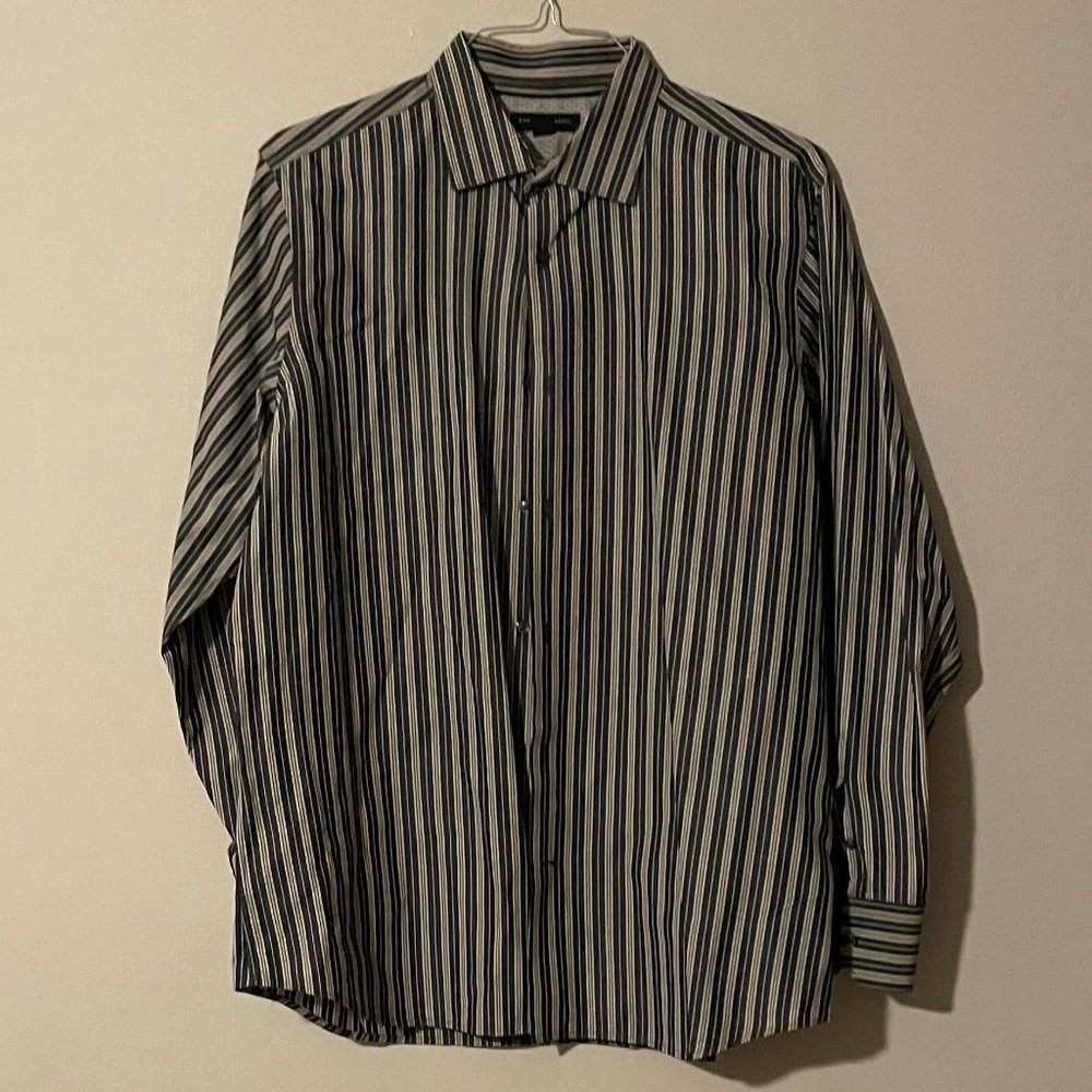 Banana Republic Men's Slim Fit Long-sleeve, Brown stripe, XL (17-17-1/2")